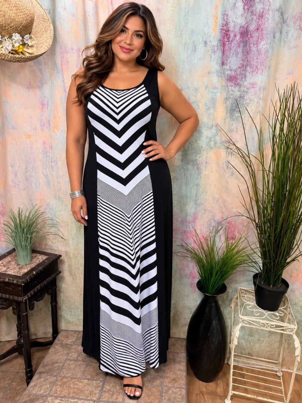 📌paper doll Striped Plus Size Maxi Dress - Design makes a Slim Optic